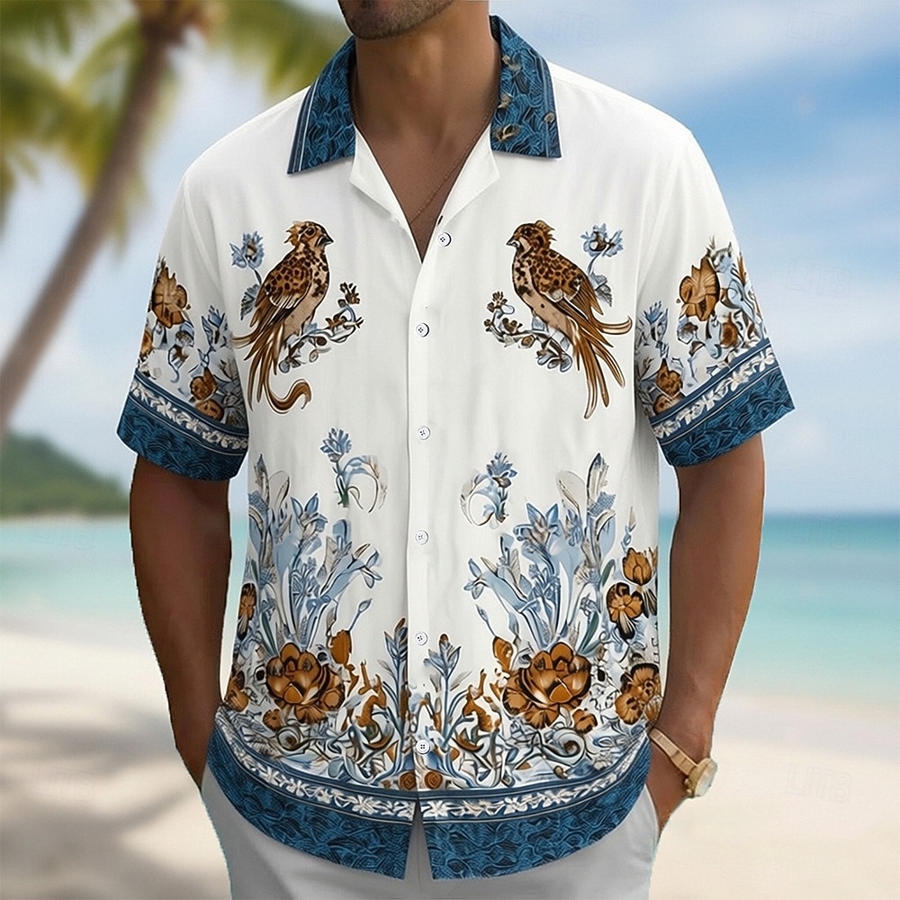 Men's Bird Floral Print Tropical Flowers Shirt Cuban Collar Shirt Summer Hawaiian Shirt Short Sleeve Hawaiian Vacation Holiday Beach Wear Summer Spring Camp Collar Shirt 3D Print Blue Green 2026 - $25.99 –P1