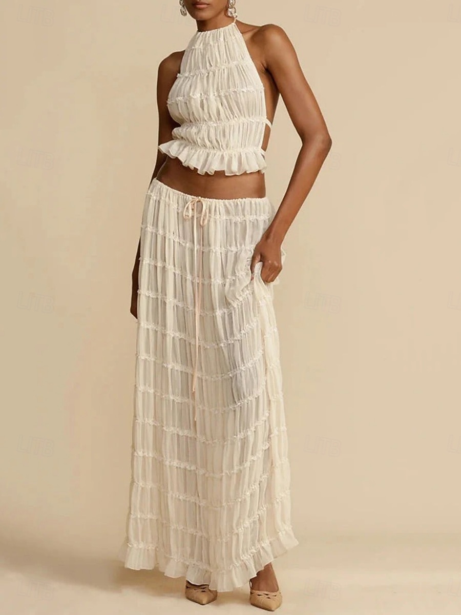 Women's Two Piece Sets Skirt Sets Sleeveless Halter Neck Solid Color Plain Patchwork Fashion Streetwear Casual Daily Outdoor Blue Black Yellow Summer Regular Fit 2026 - $33.99 –P2