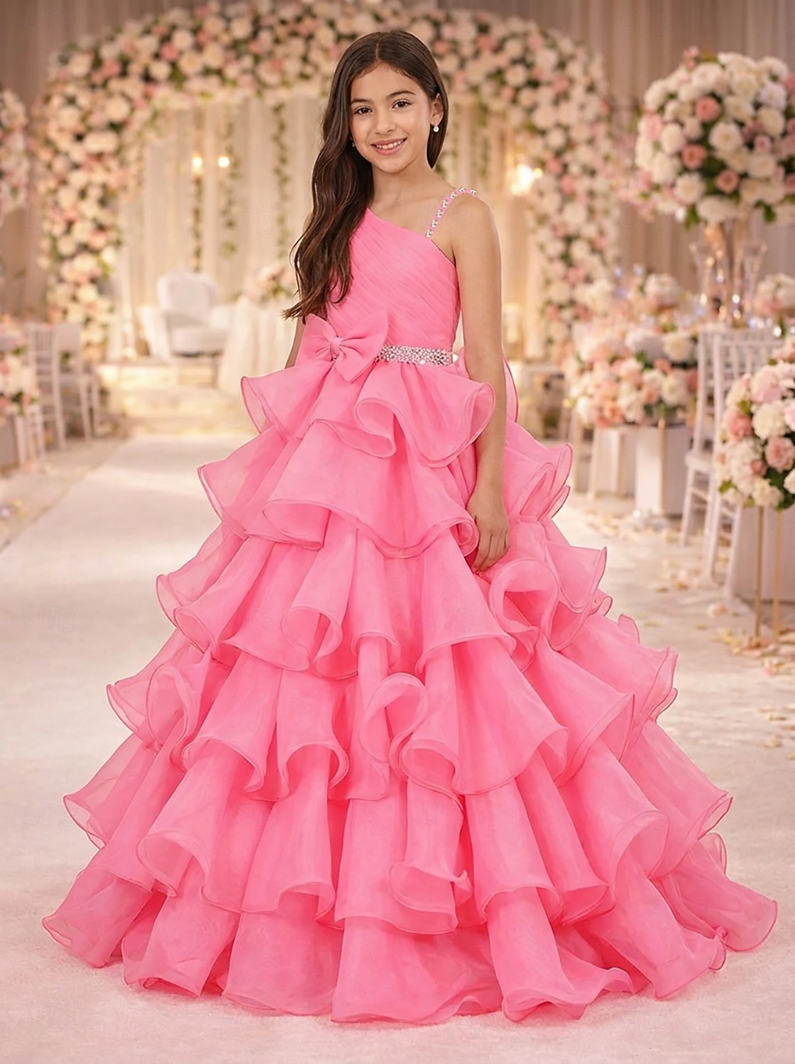 Prinzessin Bodenlang Blumenmädchenkleid Wettbewerb  Aufführung Mädchen Süßes Ballkleid Chiffon mit Schleife(n) Schichten Plissee Größen 3-16 Jahre Kleid zum Beeindrucken 2026 - $114.99 –P3