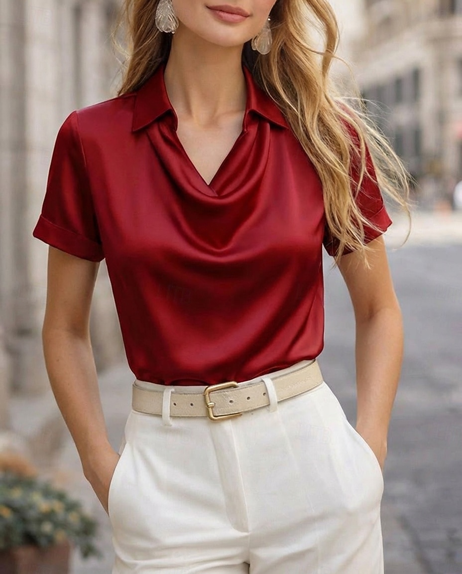 Per donna Camicia Top in raso Blusa Top Eleganti Semplice Elegante Manica Corta Scollo a Cascata Colletto a Camicia Top Regolari Quotidiano Ferie Uscire Nero Bianco Champagne Giallo Vino Estate del 2026 a $22.99 –P6