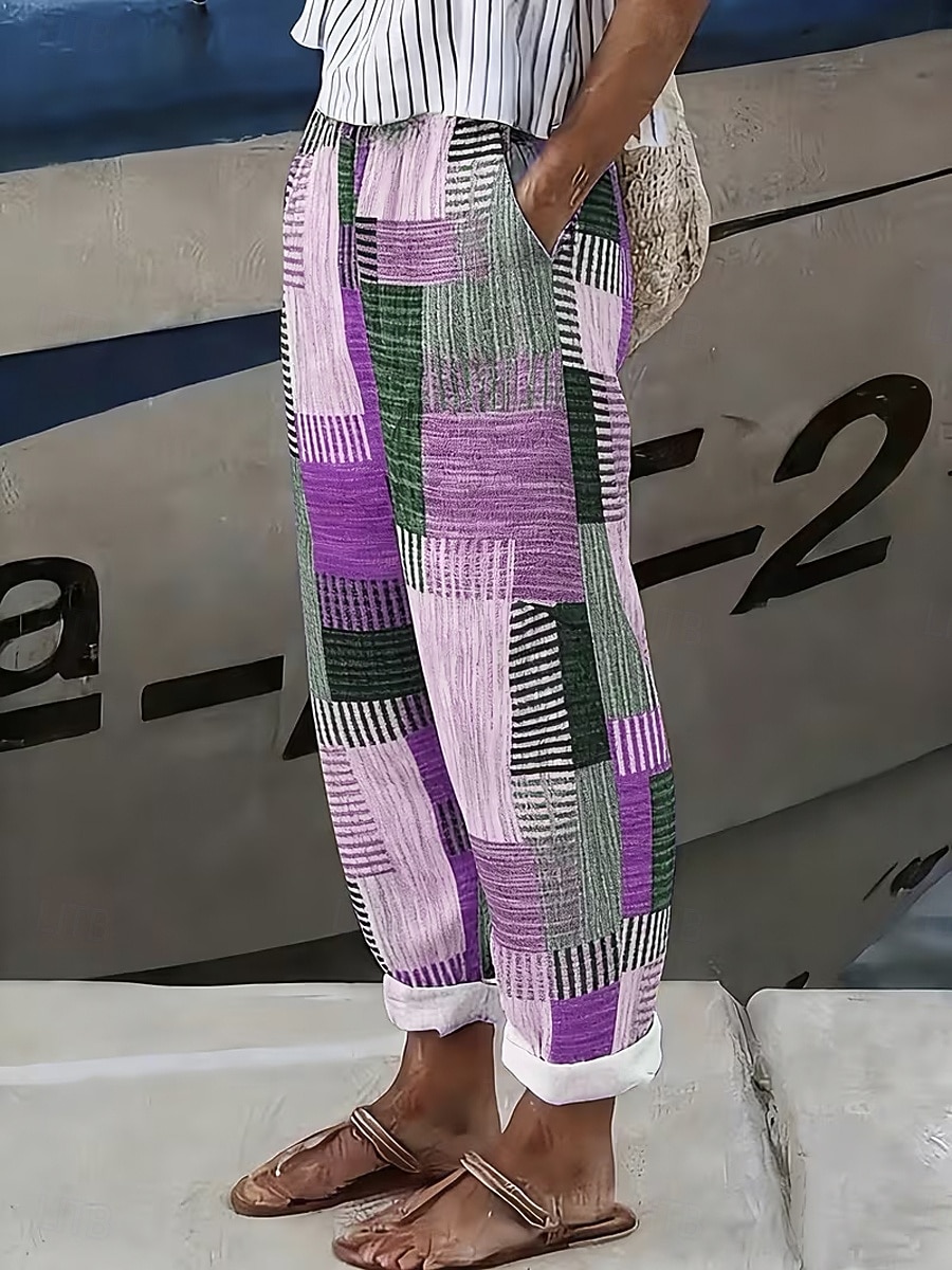 Per donna Pantaloni effetto lino Gamba larga Pantaloni casual Pantaloni Estivi Vacanza Moda Streetwear Lunghezza alla caviglia Misura del girovita medio Grafico A righe Astratto Coulisse Patchwork del 2026 a $31.99 –P3