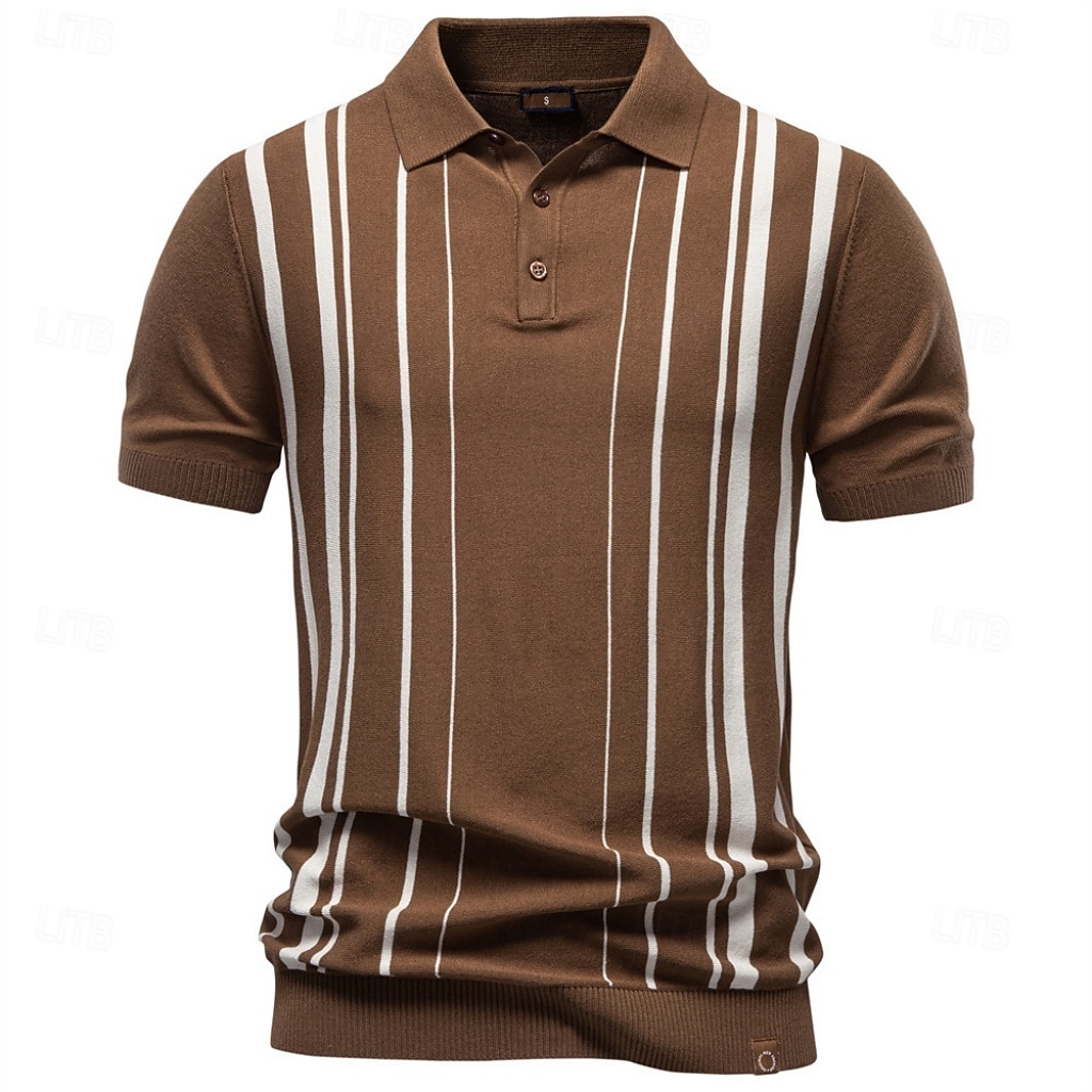 Men's Polo Shirts Cable Knit Polo Casual Street Lapel Short Sleeve Basic Modern Vertical Stripes Lightweight Buttons Summer Spring Regular Fit White Brown Polo Shirts 2026 - $40.99 –P1