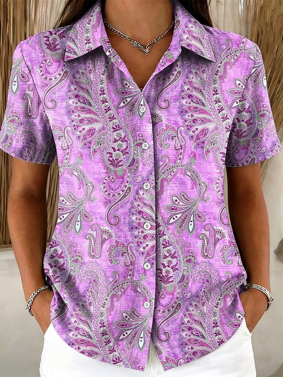 Γυναικεία Πουκάμισο Κουμπιά Στάμπα Γραφική Λαχούρι Βίντατζ Στυλάτο Μοντέρνα Κοντομάνικο Κολάρο Πουκαμίσου Κανονικά μπλουζάκια Causal Καθημερινά Θαλασσί Κίτρινο Ανθισμένο Ροζ Βαθυγάλαζο Βυσσινί 2026 - $26.99 –P2