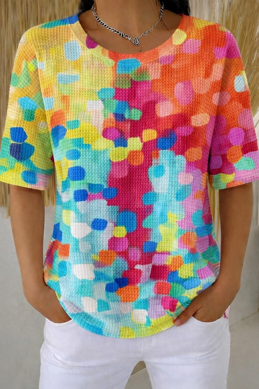 Women's Waffle T-shirt Textured Knit Tops Summer Tops Graphic Geometric Stylish Classic Short Sleeve Crew Neck Round Neck Regular Tops Casual Daily Light Green Light Purple Rainbow Summer Spring Fall 2026 - $21.99 –P1