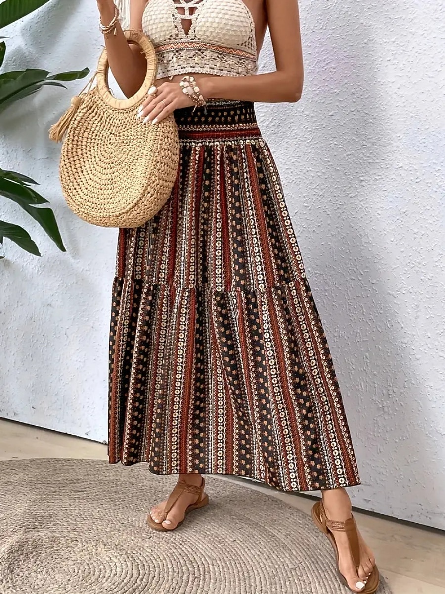 Mujer Falda de vacaciones Bohemia Vintage Casual Maxi Alta cintura Faldas Cachemir Estampado Elástico Diario Calle Negro Vino Rojo Naranja Verano 2026 - $26.99 –P11