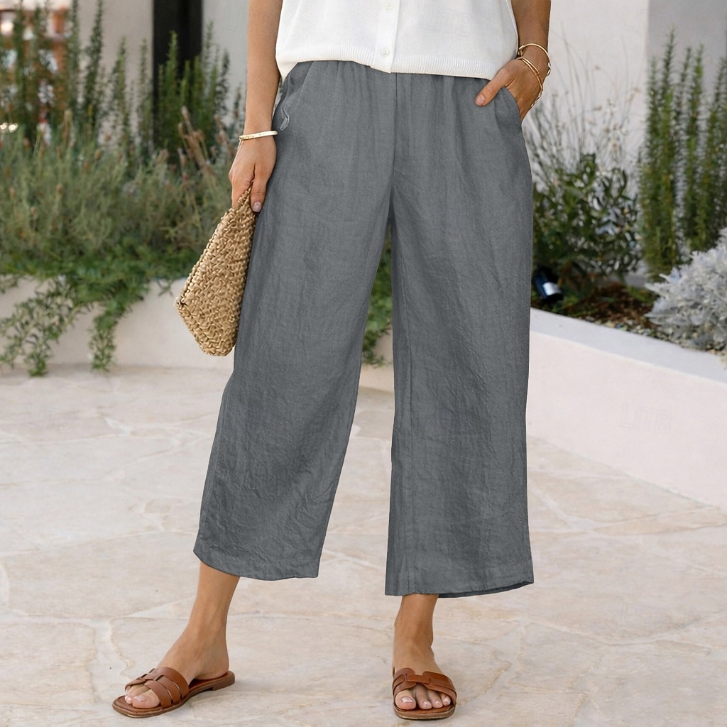 Women's Linen-feel Pants Capri Pants Trousers Summer Shorts Vacation Fashion Basic Full Length High Waist Solid Color Plain Pocket Wide Leg Elastic Waistband Comfort Soft Breathable Inelastic 2026 - $19.99 –P4