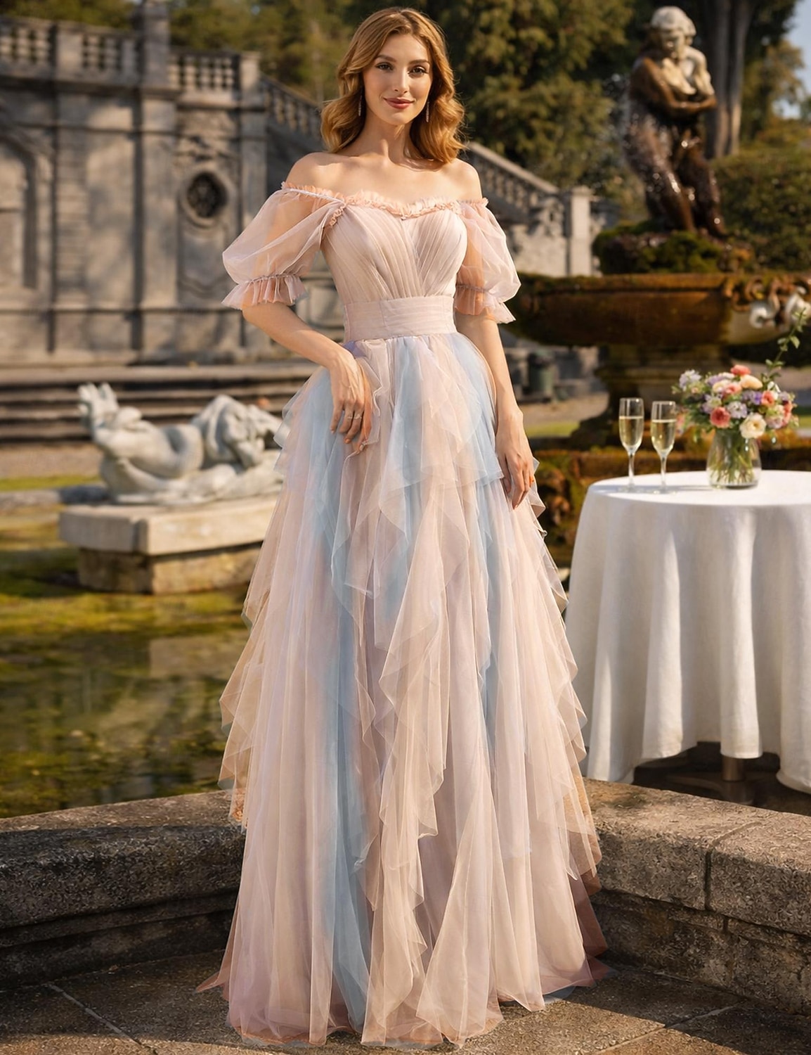 A-Linie Bodenlang Abiballkleider Farbblock Feenstil Halbarm Rundausschnitt Hochzeitsgast Hochzeitsfeier Tüll mit Falten Rüschen 2026 - $109.99 –P1