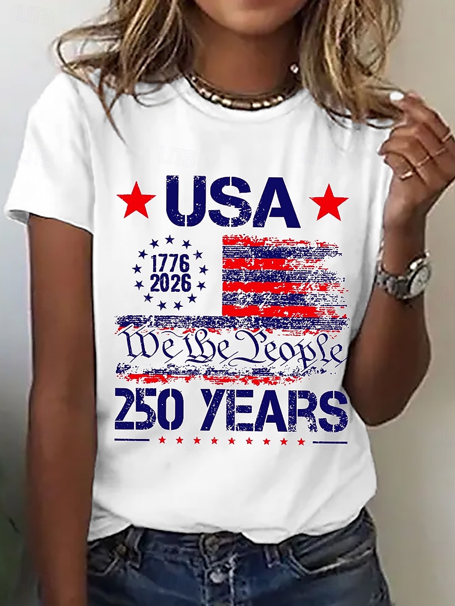 День независимости США Жен. Футболка С принтом Графика Американский флаг Мода Стиль Классика С короткими рукавами Вырез под горло Обычные топы Повседневные Синий Белый Розовый Лето Весна 2026 - $21.99 –P1