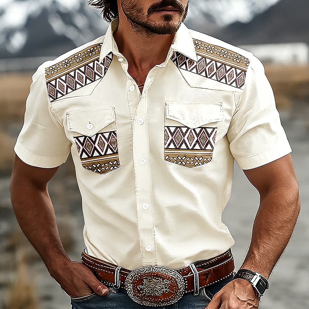 Hombre Diseño Geométrico Étnico camisa occidental Camisas de trabajo Camisa vaquera Manga Corta occidental retro de la vendimia Casual Exterior Para trabajo Verano Primavera Cuello Vuelto Impresión 2026 - $27.99 –P1