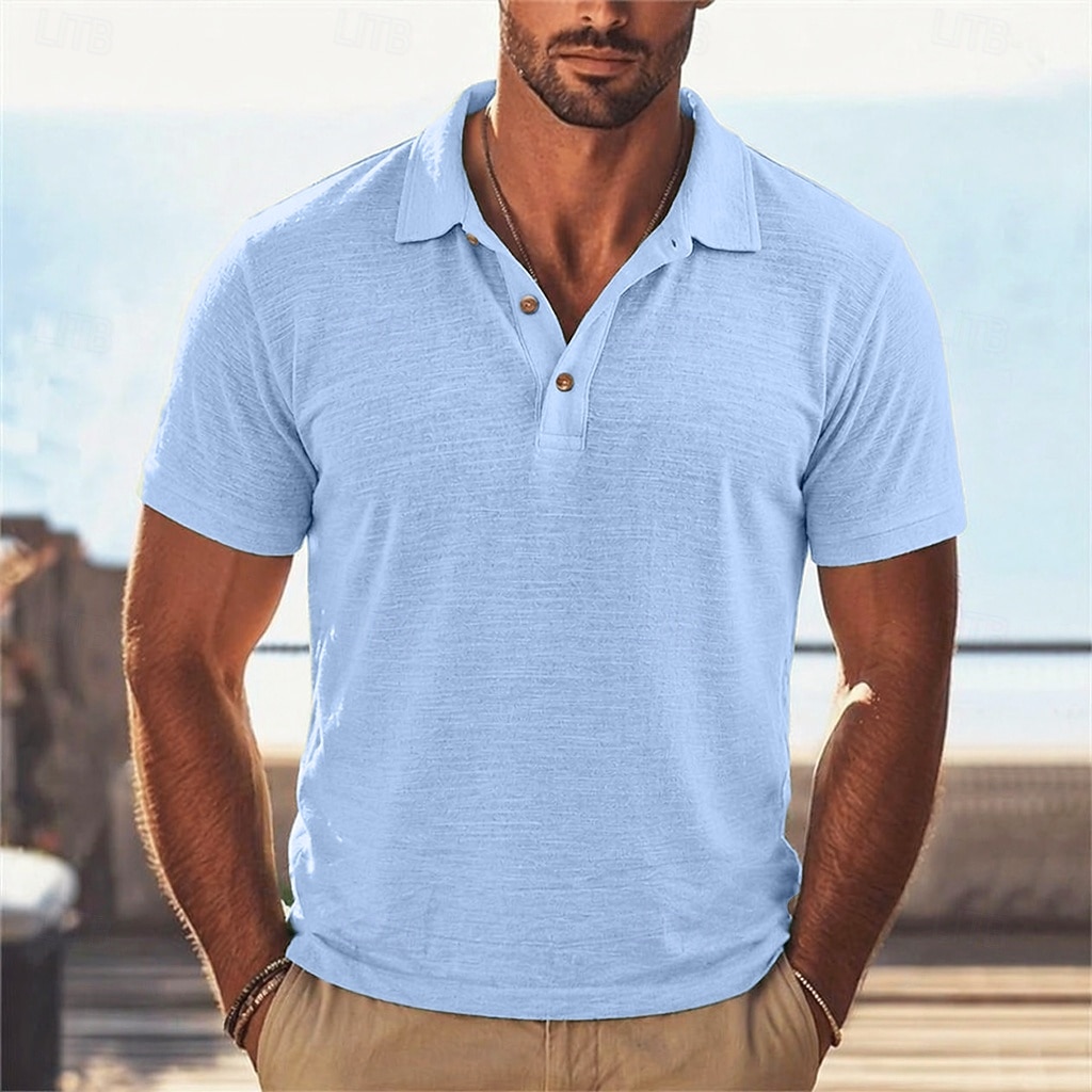 Homme Chemise en lin Polo Occasionnel Vacances Classique Manche Courte Vacances Mode Uni Texturé Boutons Été Printemps Coupe régulière Bleu Clair Noir Rose Claire Vert Bleu clair Chemise en lin de 2026 ? $22.99 –P6
