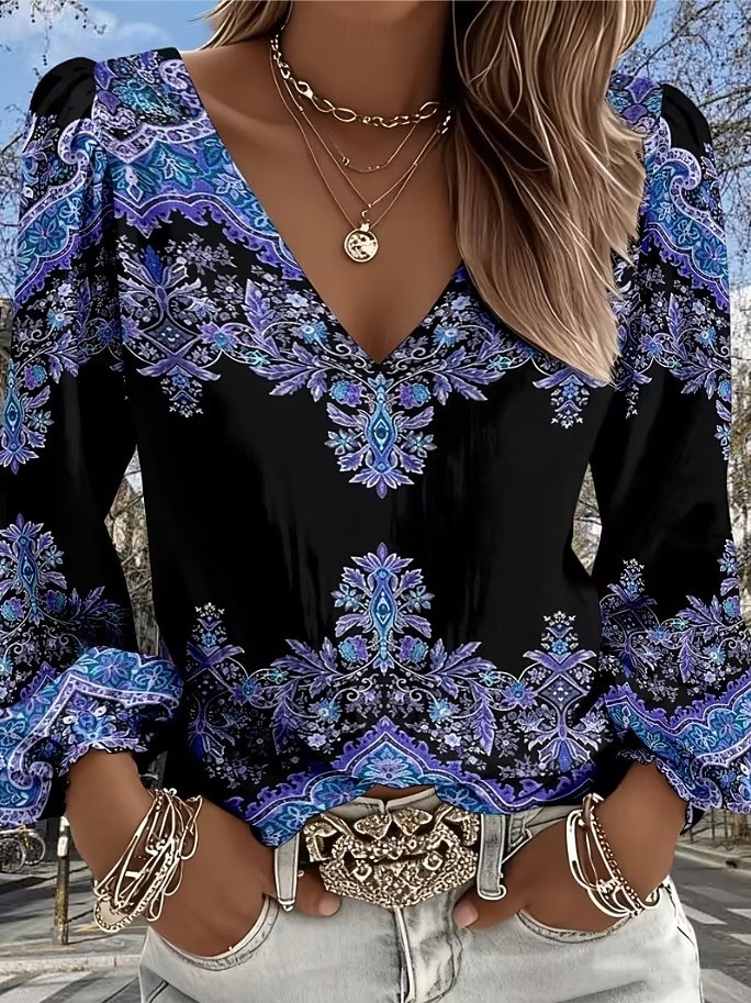 Per donna Camicia Grafico Geometrico Paisley Bohemien Vacanza Vintage Manica Lunga Scollo a V Top Regolari Casuale Quotidiano Ferie Blu / nero Rosa Blu scuro Beige Estate Primavera del 2026 a $32.99 –P2