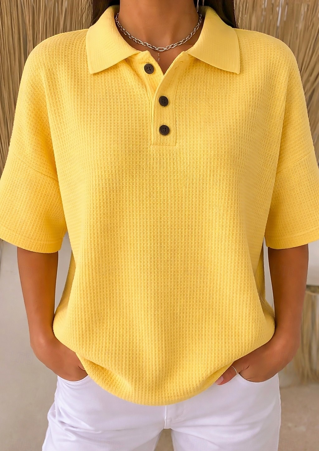 Dame Vaffelskjorte Sommertopper Knapper Helfarge Årgang Stilfull Ermeløs Polokrage Lange topper Daglig utendørs Ferie Gul Lysegrønn Rosa Sommer Vår Høst 2026 - $26.99 –P8