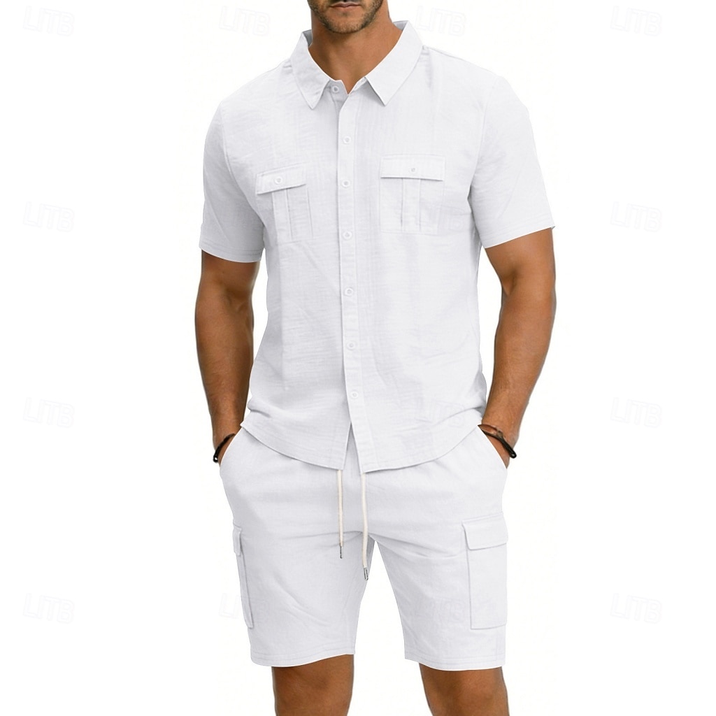 Homens Camisa de linho 2 Peças Conjunto de camisa E Bermuda Cargo Calção Shorts de linho Definir Tecido Diário Ao ar livre Férias Aberto para a Lateral Manga Curta Verão Moda Casual Confortável Roupa de 2026 por $32.99 –P4