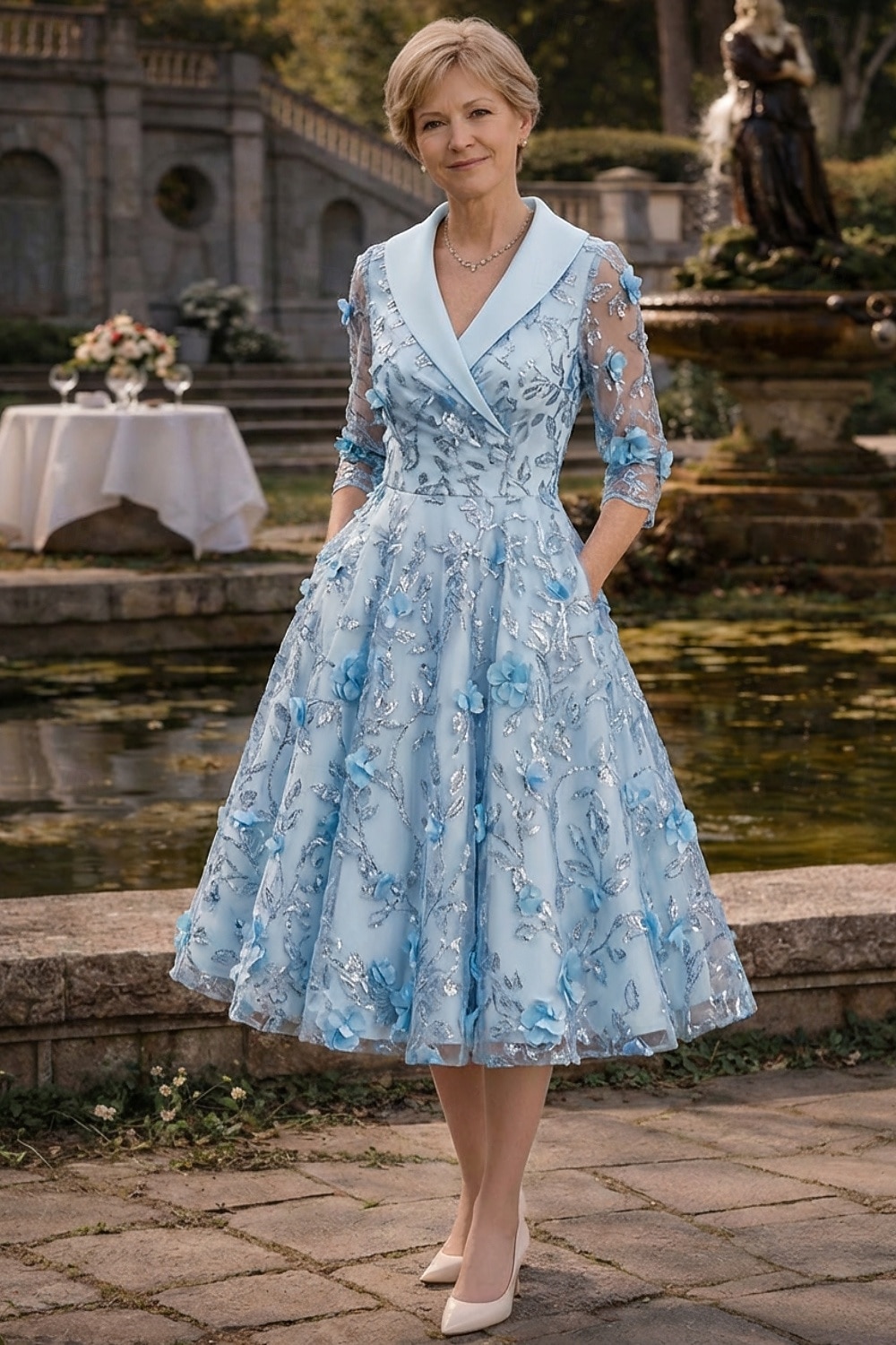 Linea ad A Lunghezza Tè Abito da cerimonia per signora Manica 3/4 Scollo a V Bavero Elegante Vintage Formale Ospite di nozze Raso Pizzo con Fiori 3D Arricciato Ricamo del 2026 a $194.99 –P1