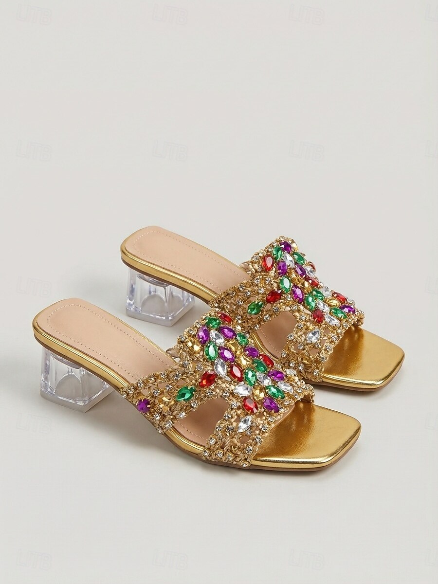 Sandali da donna con tacco alto e strass dorati, scarpe da festa con tacco a blocco e punta aperta con tacco di cristallo per la vita notturna e le serate in discoteca. &look glamour del 2026 a $42.99 –P1