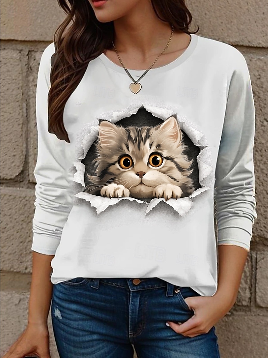 Tricou pentru femei cu guler rotund mânecă lungă tunică pisică modern casual tops regulate imprimare zilnică weekend alb galben roșu albastru albastru prafuit toamnă iarnă 2026 - $24.99 –P4