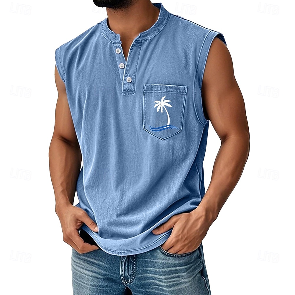SoftFade™ Heren Vest Top Denim Shirt Mouwloos Henley Lente Effen Basis Garment Dyed Vervaagd Vintage Gewassen Casual Vakantie Uistreek Zwart Khaki Lichtblauw Top Tee voor Mannen 2026 - $28.99 –P1