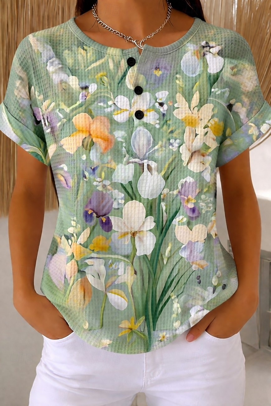 Camiseta de mujer tipo gofre, tops de verano, estampado de bloques de color, gráfico geométrico de plantas, vintage, elegante, clásico, manga corta, cuello redondo, tops regulares, casual, diario, 2026 - $21.99 –P1