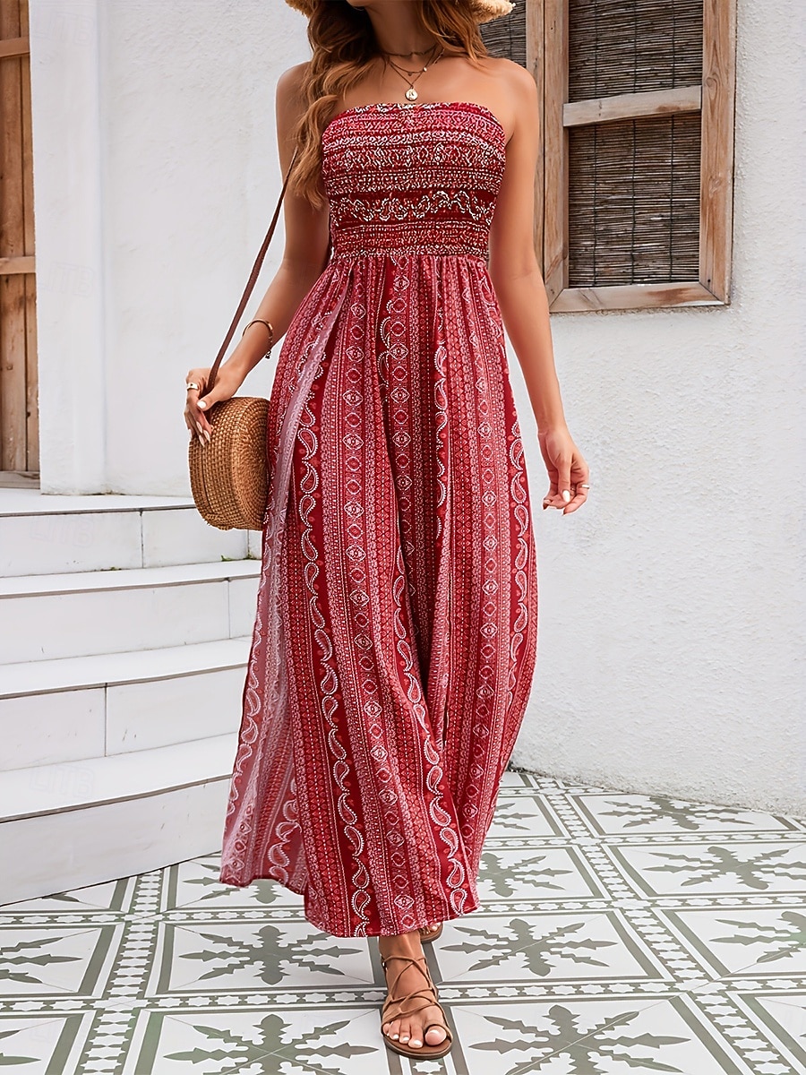 Dames Jumpsuit Actief Grafisch Mouwloos Breed Been Strapless Blote rug Splitsen Dagelijks Vakantie Normale pasvorm blauw Rood Khaki Zomer 2026 - $29.99 –P2