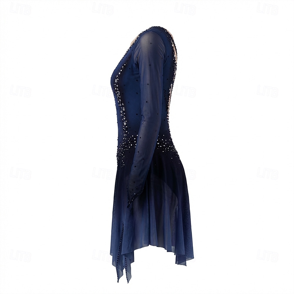Figure Skating Dress Women's Girls' Ice Skating Dress Dark Blue Thumbhole Halo Dyeing High Elasticity Professional Competition Skating Wear Thermal Warm Crystal / Rhinestone Long Sleeve Ice Skating 2026 - $335.69 –P3