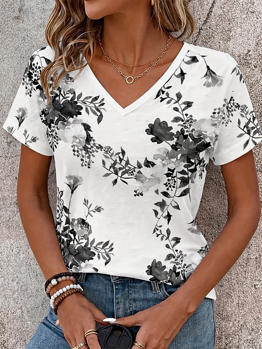 Women's T Shirt Print Floral Graphic Stylish Classic Casual Short Sleeve V Neck Regular Tops Casual Daily Blue White Pink Summer Spring 2026 - $21.99 –P2