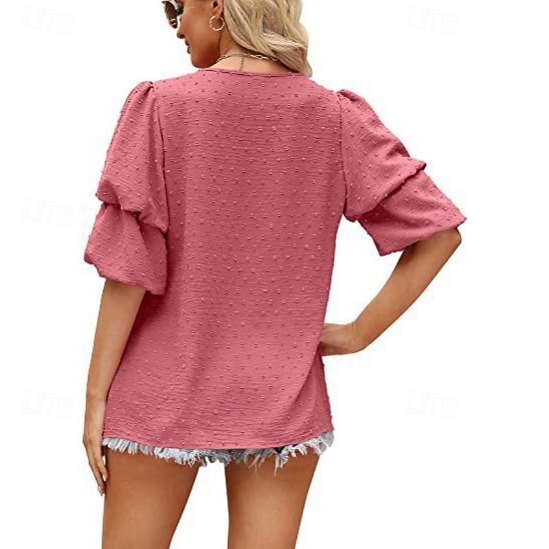 Mulheres Camisa Social Blusa Tops de chiffon Tecido à moda Básico Clássico Manga Curta Manga Princesa Decote V Tops regulares Casual Diário Feriado Azul Preto Branco Vinho Verde Escuro Verão Primavera de 2026 por $18.49 –P5