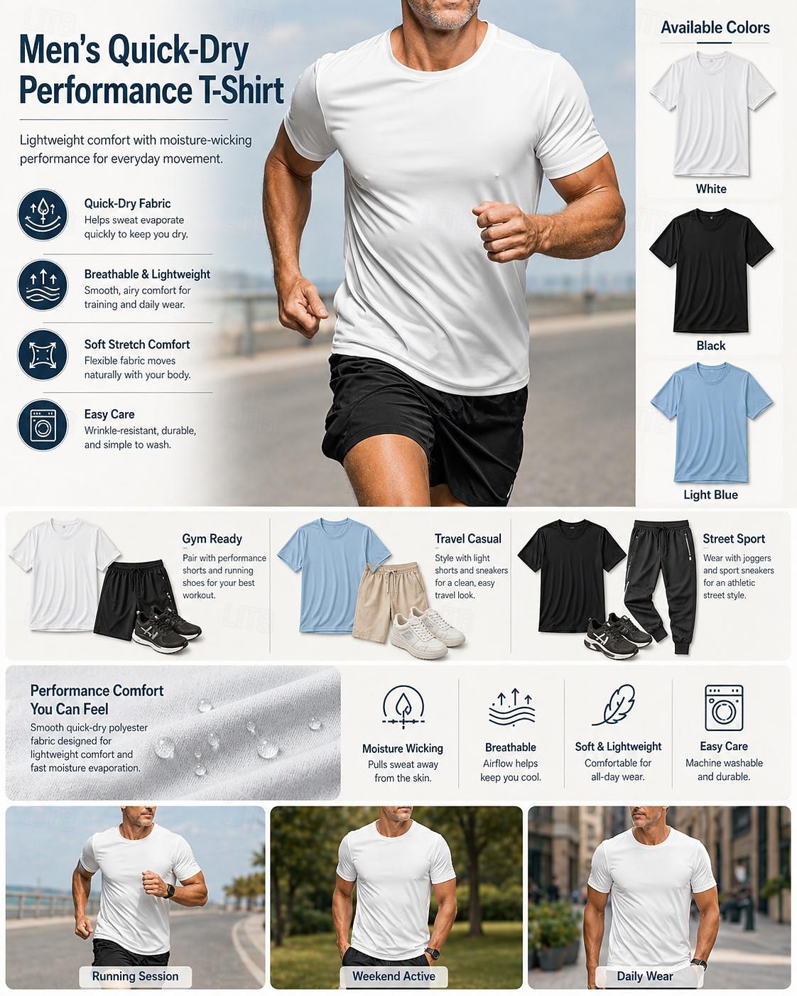 Hombre Camiseta Camiseta superior Manga Corta Cuello Barco Verano Primavera Plano Casual De Deporte Secado rápido Delgado Puro Casual Diario Deportes Bleu Ciel Negro Blanco Camiseta superior para 2026 - $16.99 –P4