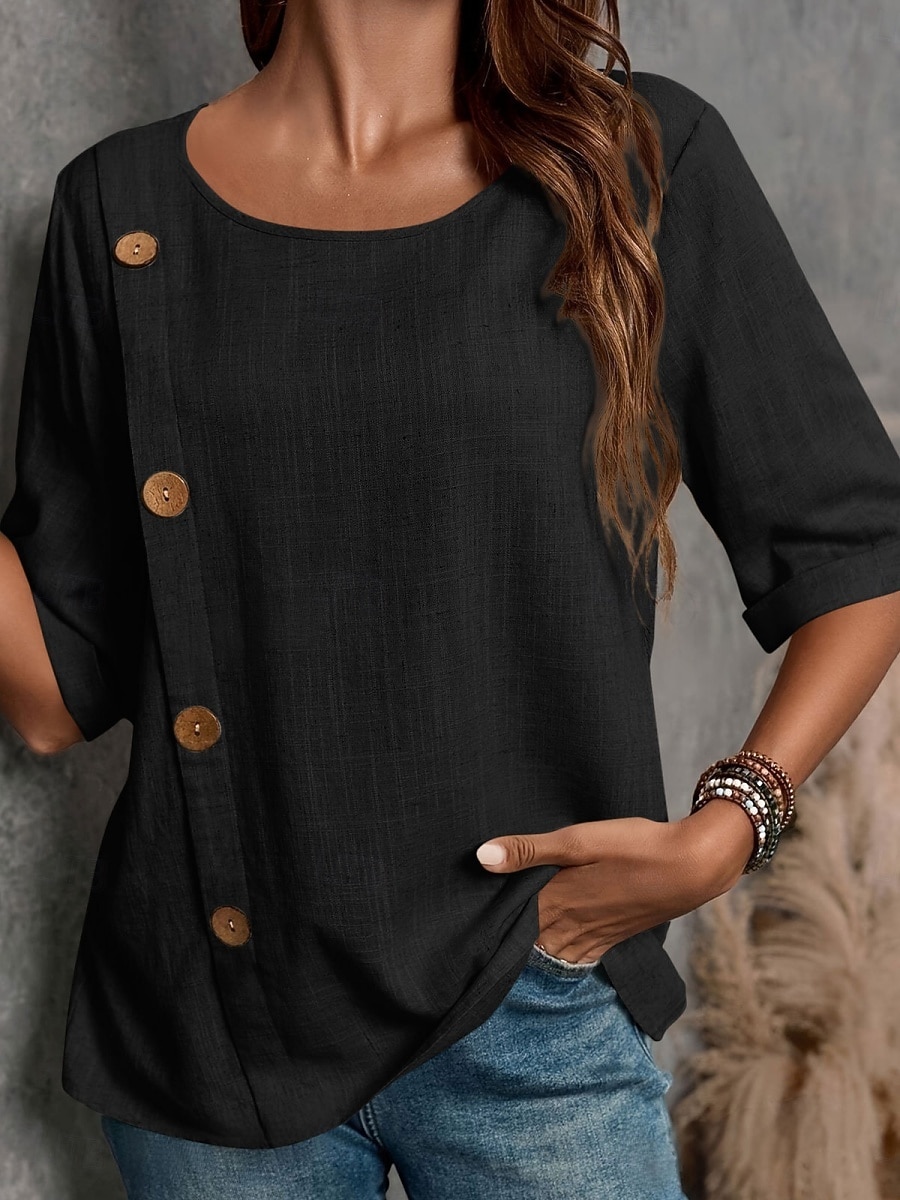 Damen Bluse Hemd aus Leinenimitat Knöpfe Einfarbig Stilvoll Basic Lässig Halbarm Rundhalsausschnitt Normale Oberteile Täglich Blau Schwarz Weiß Armeegrün Rote Sommer Frühling Herbst 2026 - $21.99 –P11