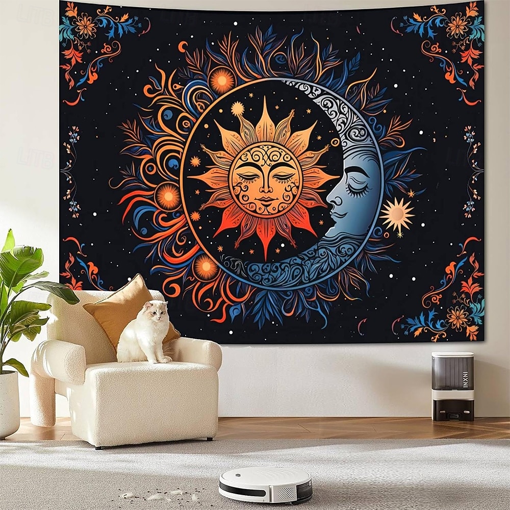 Boho mandala wandtapijt met halve maan, sterrenhemel en bloemen, wanddecoratie in verbrand oranje, hippie-psychedelische stijl, grote stoffen poster voor slaapkamer, studentenkamer, woonkamer, yoga en 2026 - $20.99 –P1