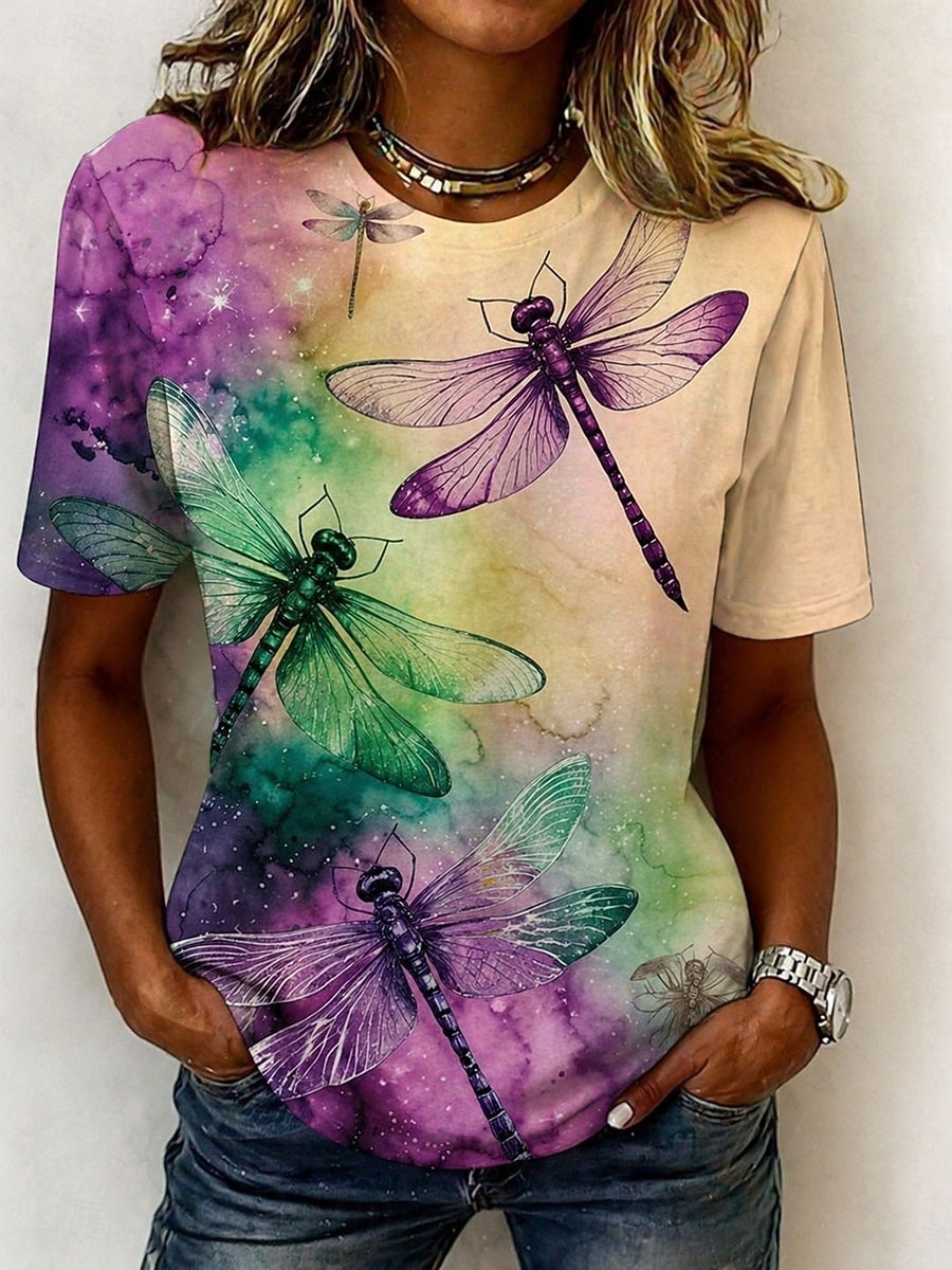 Per donna Maglietta Stampato Floreale Grafico Libellula Bohemien Hawaiano Elegante Manica Corta Girocollo Top Regolari Casuale Quotidiano Blu Giallo Rosa Viola Verde Estate Primavera del 2026 a $21.99 –P5