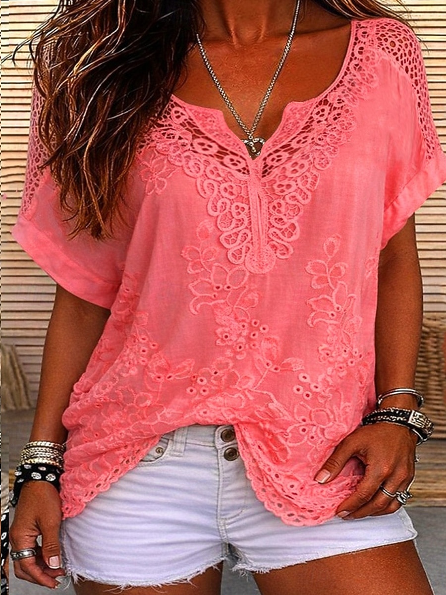 Per donna Blusa Pizzo Tinta unica Elegante Casual Manica Corta Scollo a V Top Regolari Quotidiano Blu Nero Bianco Arancione Grigio Estate Primavera Autunno del 2026 a $9.99 –P4