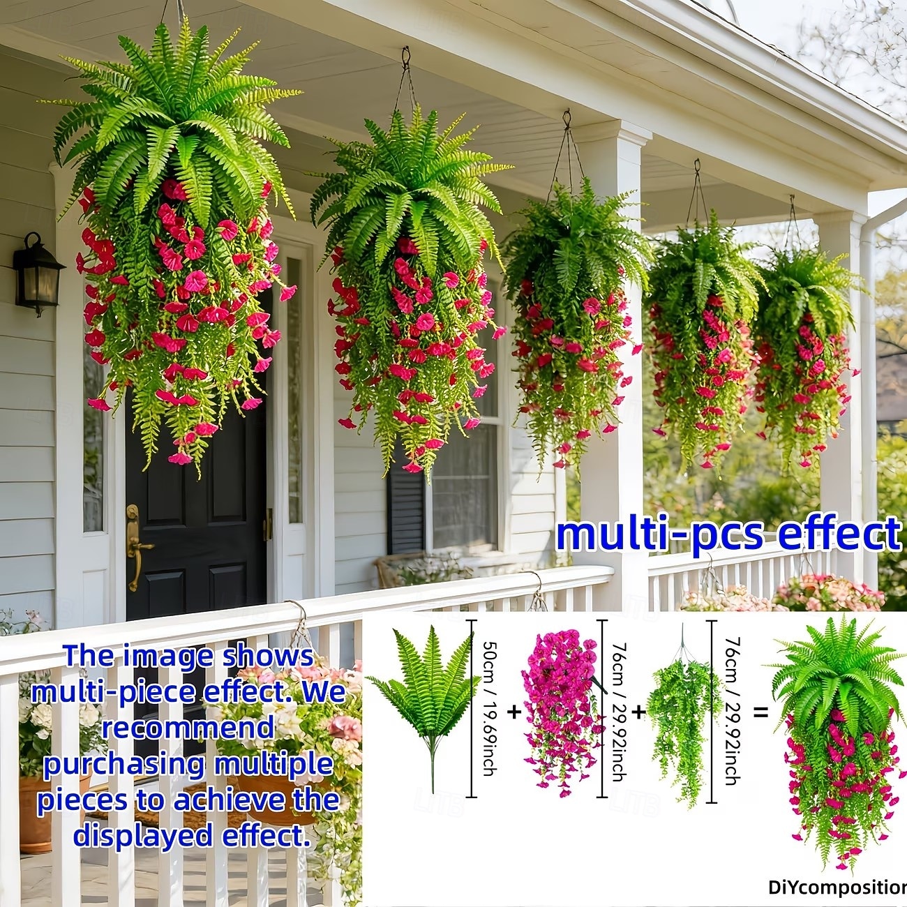 Juego de 3 helechos artificiales verdes con borlas rojas, plantas colgantes para armar tú mismo, ramos de helechos colgantes biónicos realistas, ideales para la decoración del hogar, el porche y el 2026 - $19.99 –P2