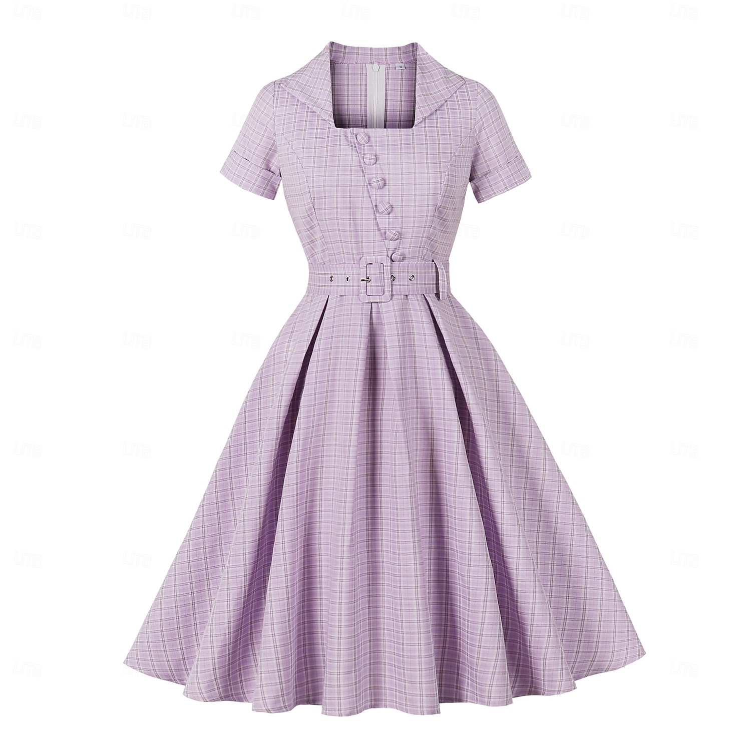 1950s Retro Vintage Midi Dress Short Sleeves With Belt Checkered / Gingham Square Neck Fancy Dress Women's Casual Dailywear Tea Party Adults' Dress Spring & Summer 2026 - $47.99 –P2
