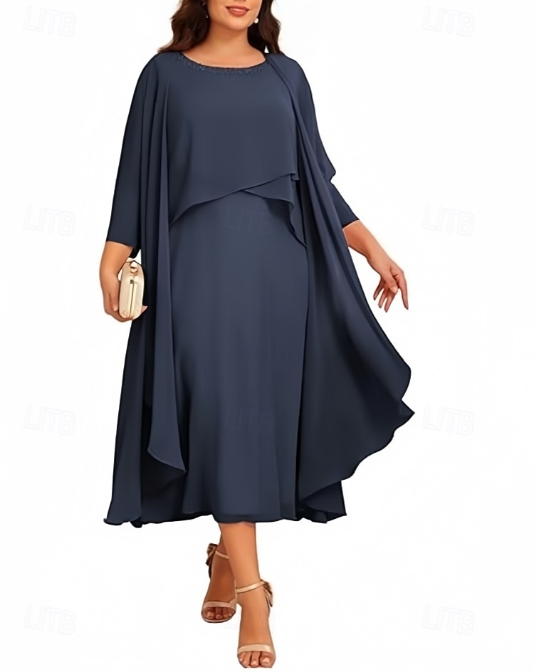 Two Piece A-Line Tea Length Wedding Guest Dress Mother of the Bride Dress 3/4 Length Sleeve Jewel Neck Elegant Vintage Wedding Party Chiffon with Beading 2026 - $183.99 –P8