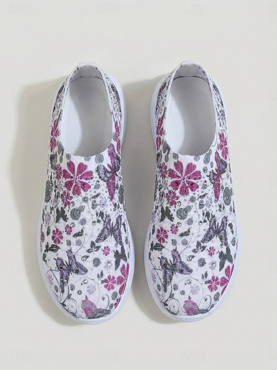 Women's Purple Butterfly Floral Print Sneakers, Breathable Knit Rhinestone Slip On Shoes, Comfortable Casual Walking Shoes for Daily, Vacation & Weekend 2026 - $26.99 –P5