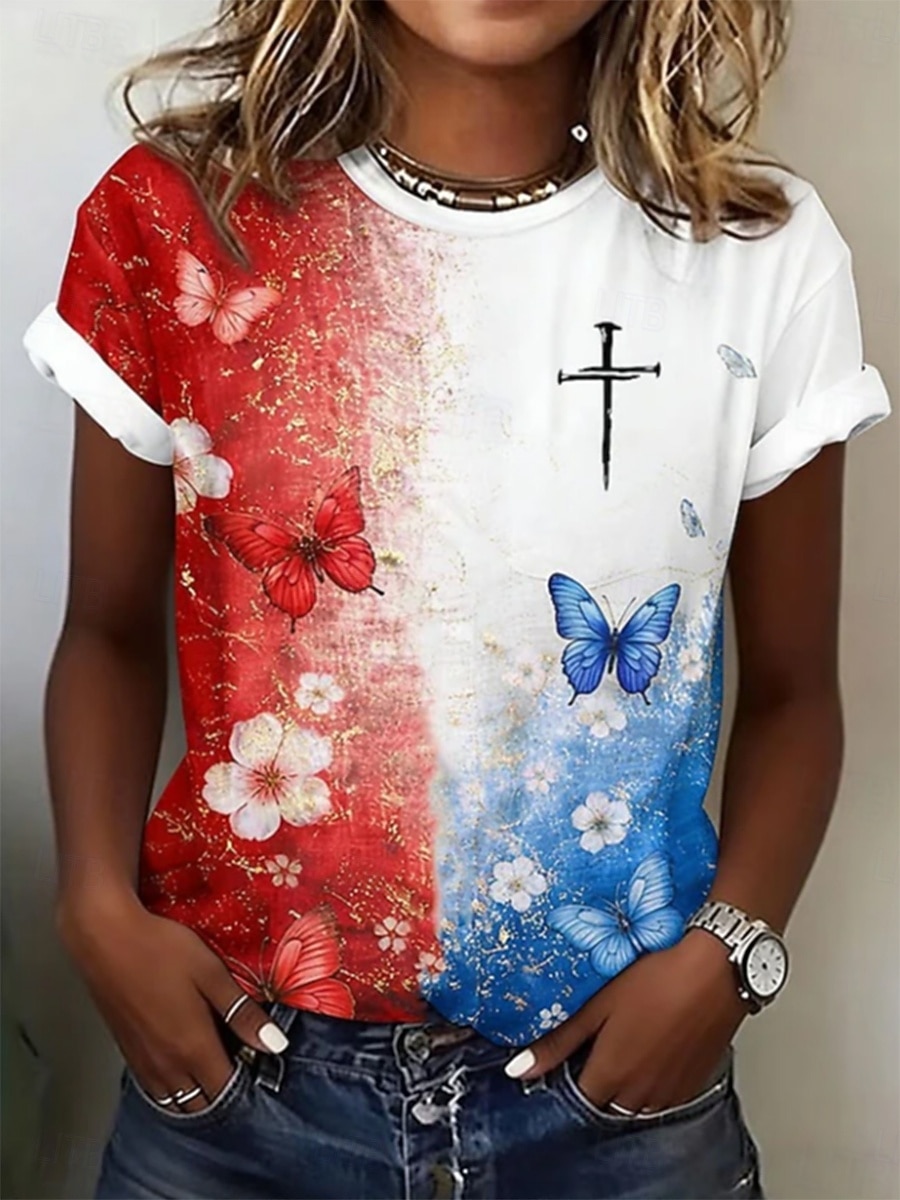 Ziua Independenței Americane Pentru femei Tricou Imprimeu Floral Grafic Steag Stilat Clasic Casual Manșon scurt Stil Nautic Rotund Topuri obișnuite Casual Zilnic Albastru piscină Roșu-aprins Var 2026 - $22.99 –P2