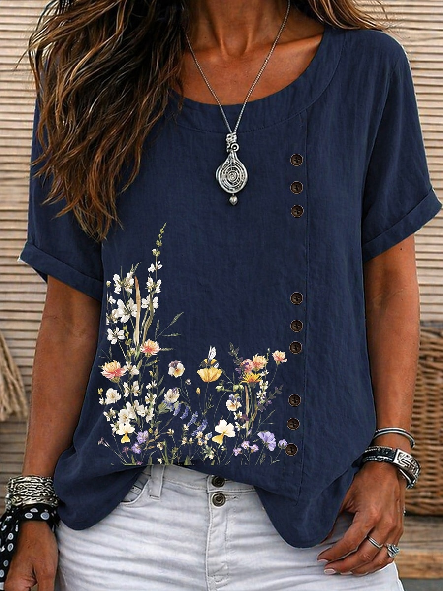 Women's Blouse Buttons Floral Graphic Elegant Vintage Daily Short Sleeve Crew Neck Regular Tops Casual Daily Holiday Blue Grass Green White Yellow Pink Summer Spring 2026 - $24.99 –P3