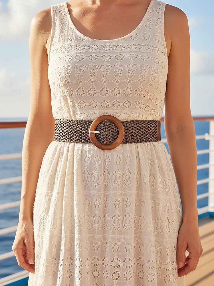 Boho-Taillengürtel für Damen, mehrfarbiger, elastischer Flechtgürtel mit runder Vintage-Holzschnalle – ideal für Strandurlaub, Sommerresort und lässigen Alltag. 2026 - $11.99 –P4