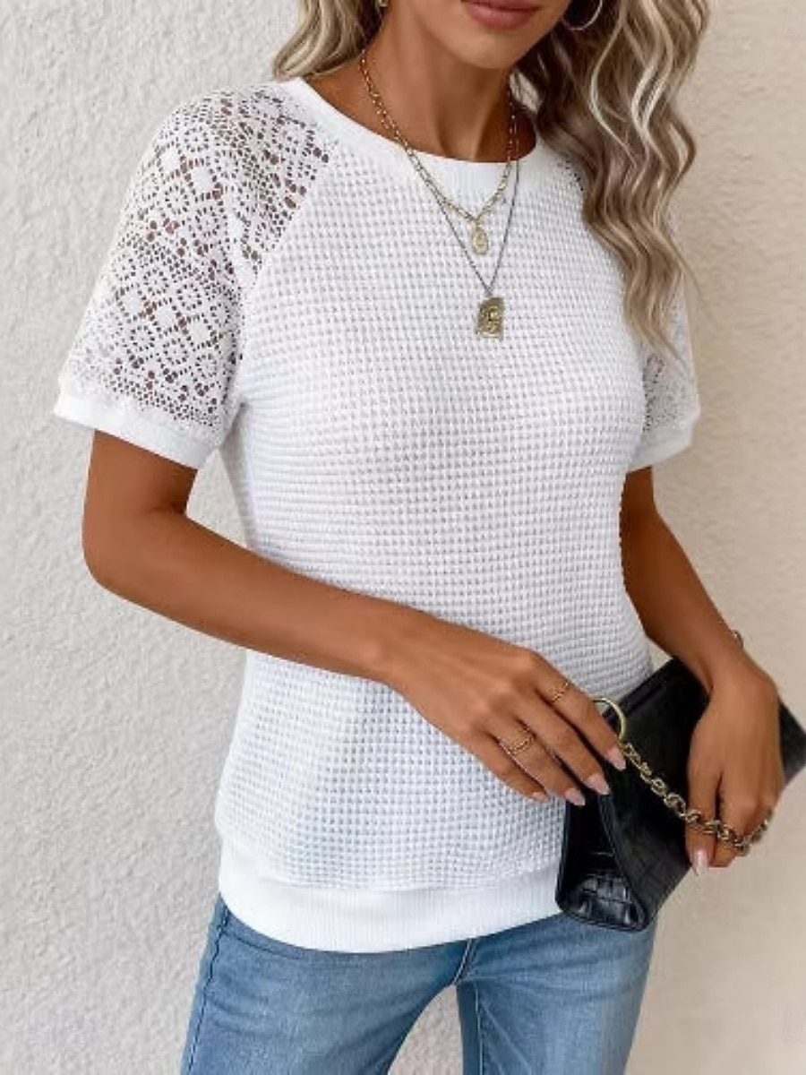 Per donna Maglietta Maglietta in pizzo Pizzo Patchwork Semplice Moda Elegante Classico Manica Corta Girocollo Top Regolari Quotidiano Uscire Weekend Nero Bianco Grigio Estate Primavera del 2026 a $19.99 –P1