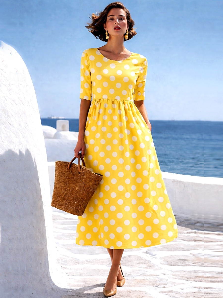 Per donna Abito Midi Abito a trapezio Casual Quotidiano Vestibilità regolare A Pois Mezza Manica Girocollo Giallo Rosa Azzurro cielo Estate Primavera del 2026 a $29.99 –P4