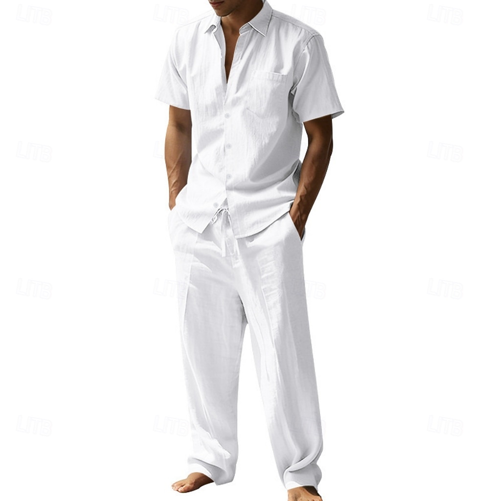 Per uomo Camicia di lino Due pezzi Set Camicia E Pantaloni di Lino Pantaloni Pantaloni casual Impostare Semplice Quotidiano All'aperto Vacanza Collo ripiegato Manica Corta Estate Moda Casual del 2026 a $36.99 –P11