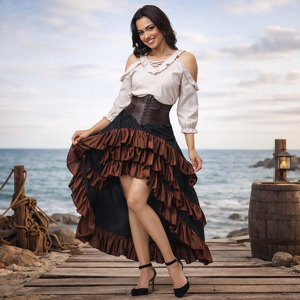 Set Medievale Rinascimento Gonna Blusa / Camicia Corsetto con accessori Pirata Costume Per donna Costumi da pirata Halloween Carnevale Mascherata Fiera Rinascimentale Festa a tema retrò Adulti Blusa del 2026 a $58.99 –P1