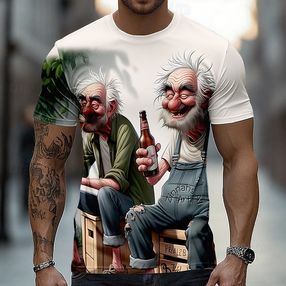 Herre morsom, gal, gammel mann som holder vinglass, lunefull karakter, nyhet, humor, 3D-animasjonsstil, heldekkende t-skjorte, avslappet, korte ermer, fest, pubantrekk, designerklær, s m l xl xxl xxxl 2026 - $19.99 –P2