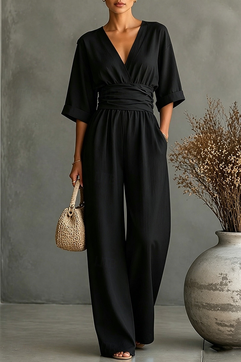 Damen Overall Elegant Einfarbig Halbarm Weites Bein V Ausschnitt Patchwork Tasche Täglich Urlaub Normale Passform Schwarz Weiß Gelb Sommer 2026 - $37.99 –P5