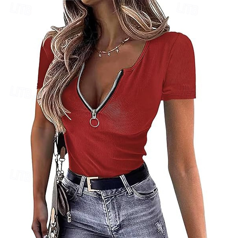 Women's T Shirt Zipper Solid Color Graphic Plain Casual Short Sleeve V Neck Regular Tops Daily Going out Weekend Black Wine Red Gray Summer Spring 2026 - $18.49 –P7