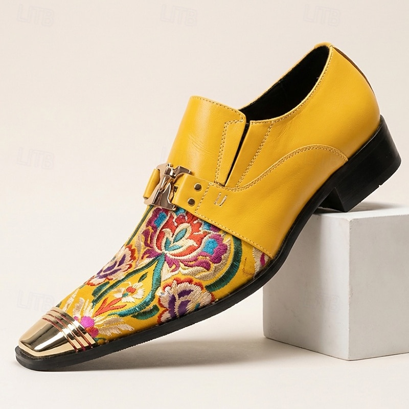 Chaussures habillées pour homme, à boucle, à bout pointu et embout métallique, ornées d'un imprimé floral jaune. Idéales pour les mariages, les banquets, les fêtes, les bals de fin d'année, les événements de mode et les soirées élégantes. de 2026 ? $109.99 –P6