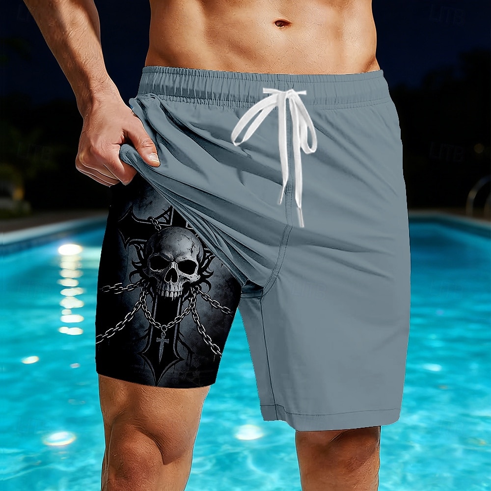 Hombre Cráneos Impresión de cadenas Cruz Pantalones cortos forrados Bañador 2 en 1 Trajes de baño, bañadores cortos Media cintura Estilo gótico oscuro Casual vacaciones en la playa Bolsillos 2026 - $22.99 –P1
