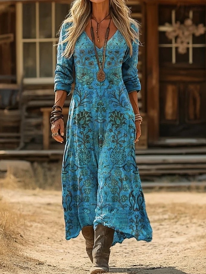 Damen Maxikleid Sommerkleid Urlaub Lässig Boho Täglich Lässiger Schnitt Blumen Langarm V Ausschnitt Blau Schwarz Gelb Rote Sommer Frühling 2026 - $41.99 –P5