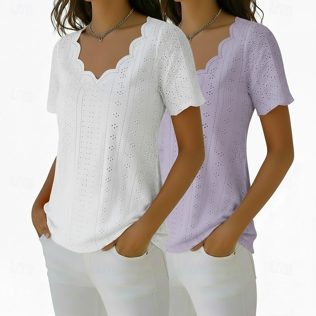 pachete multiple 2 buc bluză textură top cu ochiuri tricou simplu elegant de bază clasic mânecă scurtă decolteu în V topuri obișnuite casual zilnic plajă galben+negru 2026 - $38.99 –P7