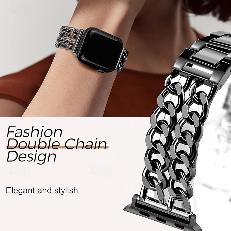 Jewelry Bracelet Compatible with Apple Watch band 38mm 40mm 41mm 42mm 44mm 45mm 46mm 49mm Glitter Double Chain Luxury Alloy Strap Replacement Wristband for iwatch Ultra 3 2 Series 11 10 9 8 7 SE 6 5 2026 - $16.99 –P9